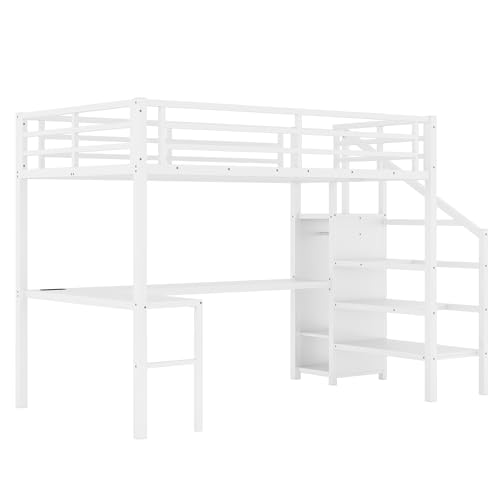 Bellemave Full Size Metal Loft Bed with L Shaped Desk and Wardrobe, Heavy Duty Loft Bed Frame with Storage Stairs