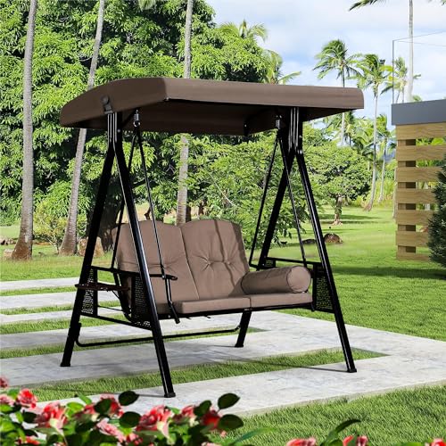 PURPLE LEAF 3-Seat Deluxe Outdoor Patio Porch Swing with Weather Resistant Steel Frame, Adjustable Tilt Canopy, Cushions and Pillow Included, Beige
