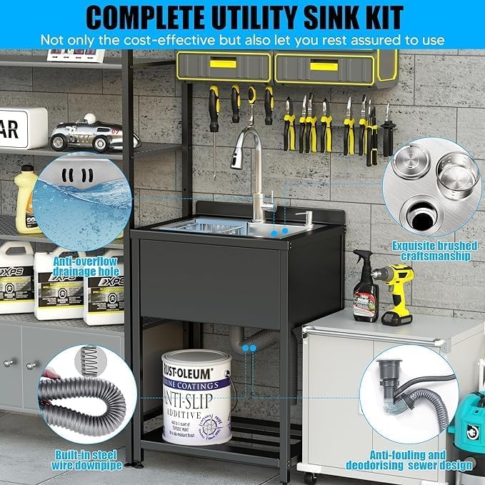 Stainless Steel Utility Sink, 30.8" × 22" × 39.5"Freestanding Sink with Cold and Hot Water Faucet,Hoses and Drain Kit for Kitchens, Bathrooms, Garage