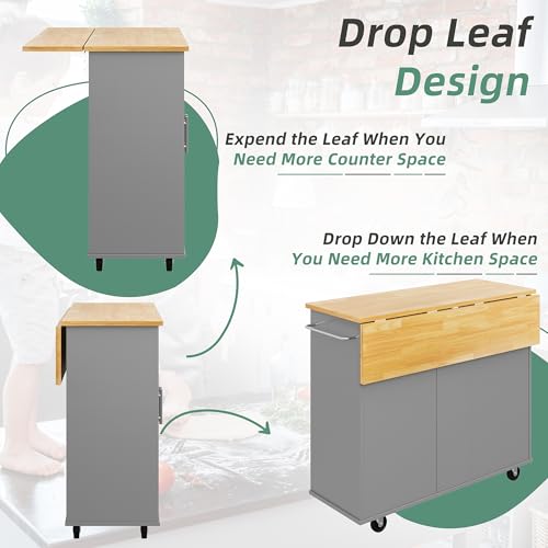 Shintenchi Rolling Kitchen Island Cart with Folding Drop Leaf Breakfast Bar, Portable Trolley Island with Large Storage Cabinet, Shelf and Drawer