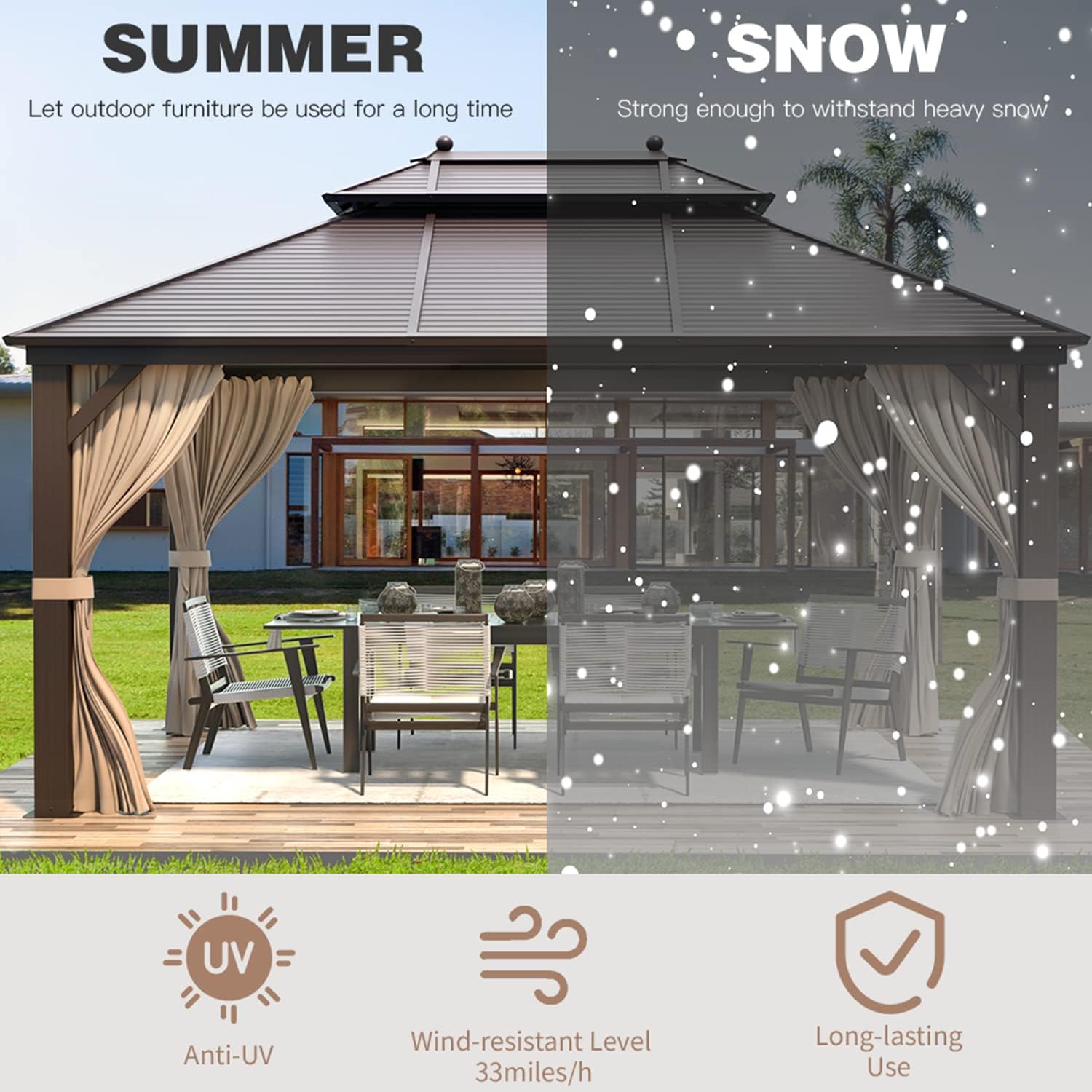 EROMMY Hardtop Gazebo Galvanized Steel Outdoor Gazebo Canopy Double Vented Roof Pergolas Aluminum Frame with Netting and Curtains for Garden,Patio