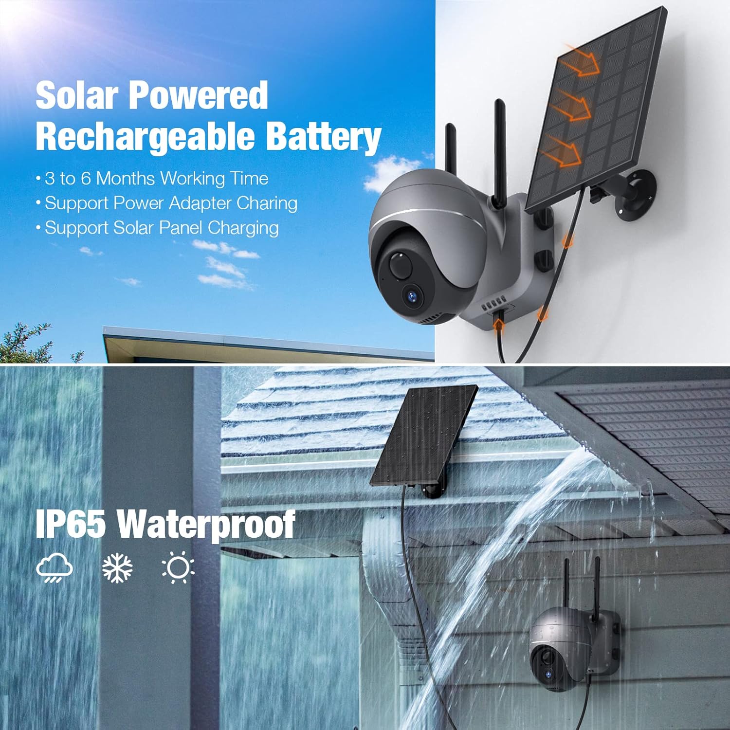 Wireless Security Camera Outdoor, 1080P Solar Powered WiFi Cameras, Rechargeable Solar Outdoor Camera with PIR Motion Detection, 2-Way Audio