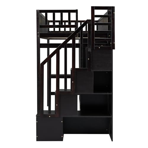 Twin Loft Bed with Staircase, Desk and Wardrobe, Wood Loft Bed with Storage Shelves and Safety Guardrail
