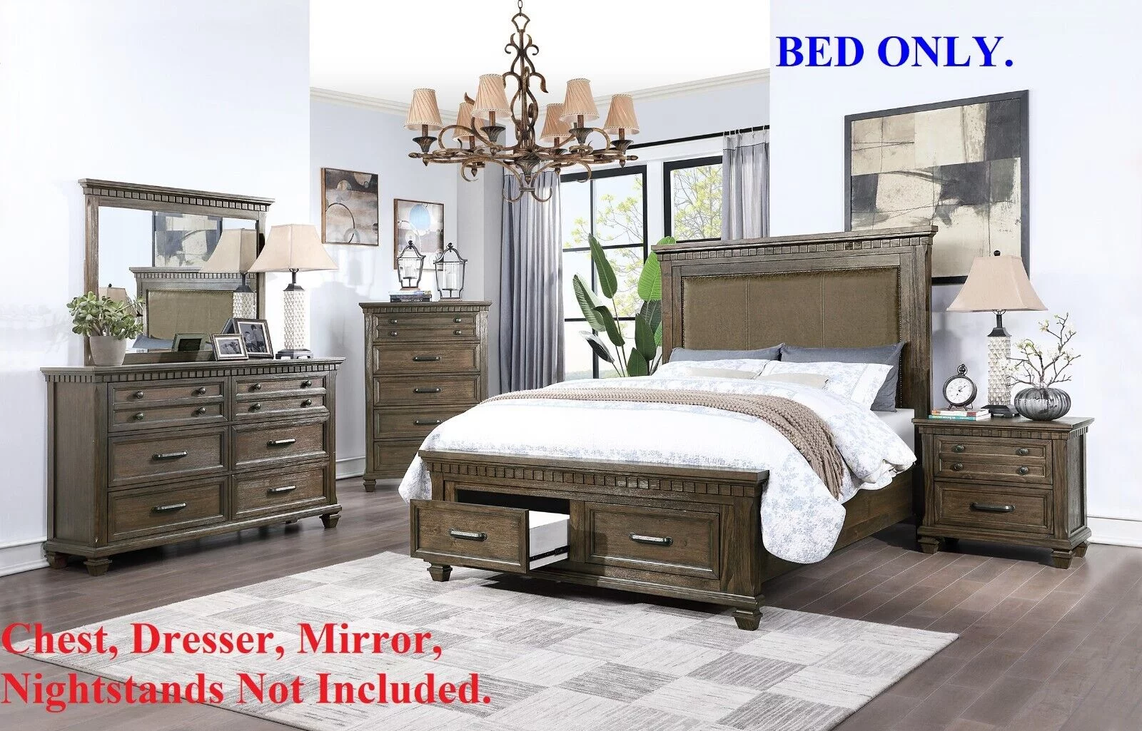 Traditional Unique Design Queen Size Bed 1pc Bedframe High Fabric Headboard Storage Drawers Footboard Antique Brown Finish