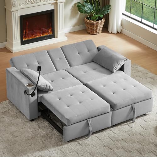 68.11" Corduroy Sleeper Chair Bed with USB Port, Cup Holders & Side Storage Pockets – 3-in-1 Foldable Sofa Bed for Guest Room, Living Room – White