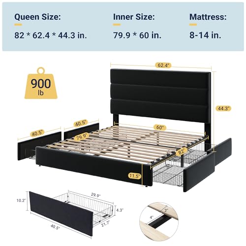 Allewie Modern Full Size Platform Bed Frame with 4 Storage Drawers and Velvet Upholstered Headboard, Wooden Slats Support