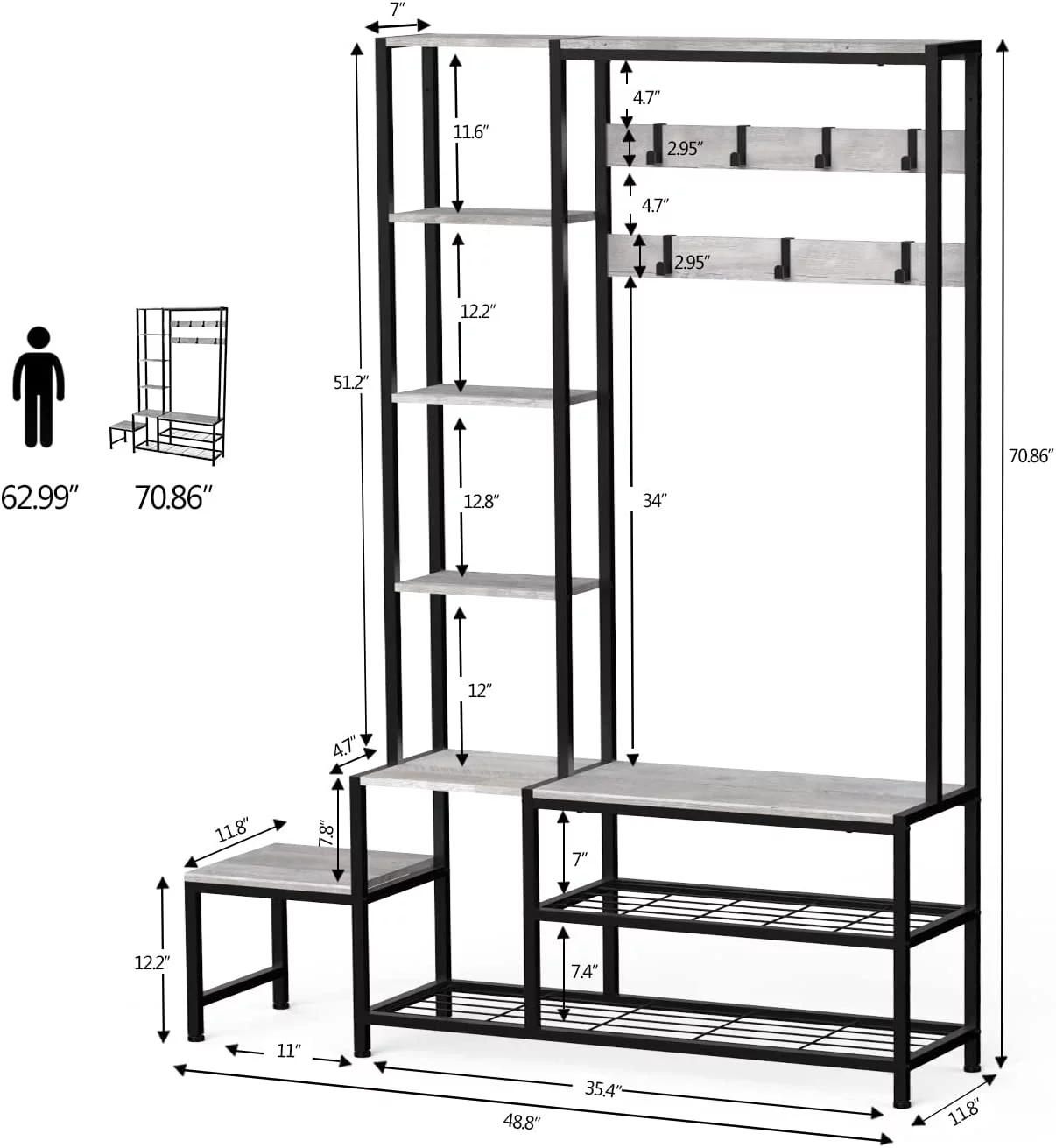YGDU Hall Tree with Shoe Storage Bench, Coat Rack with 7 Hooks,Interchangeable 4 Tier Side Storage Shelves, Small Cute Side Bench