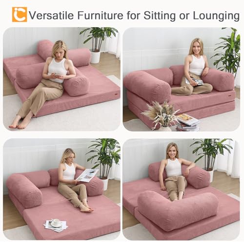 COMAX Folding Sofa Bed, Convertible Chair Bed Corduroy 3-in-1 Foldable Floor Couch with High-Density Foam, Futon Sofa Sleeper Mattress
