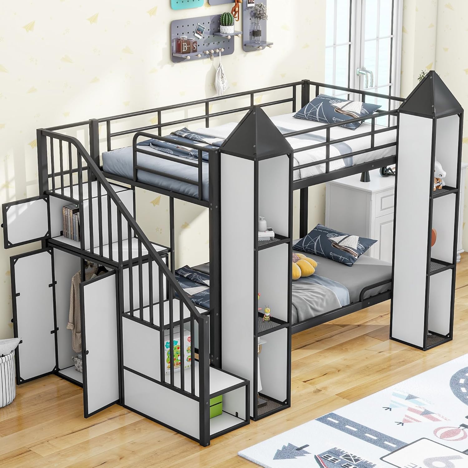 Twin Over Twin Castle Bunk Bed with Stairs, Wardrobe and Multiple Storage, Metal Bunkbeds with Staircase and Shelves, for Kids Teens Bedroom
