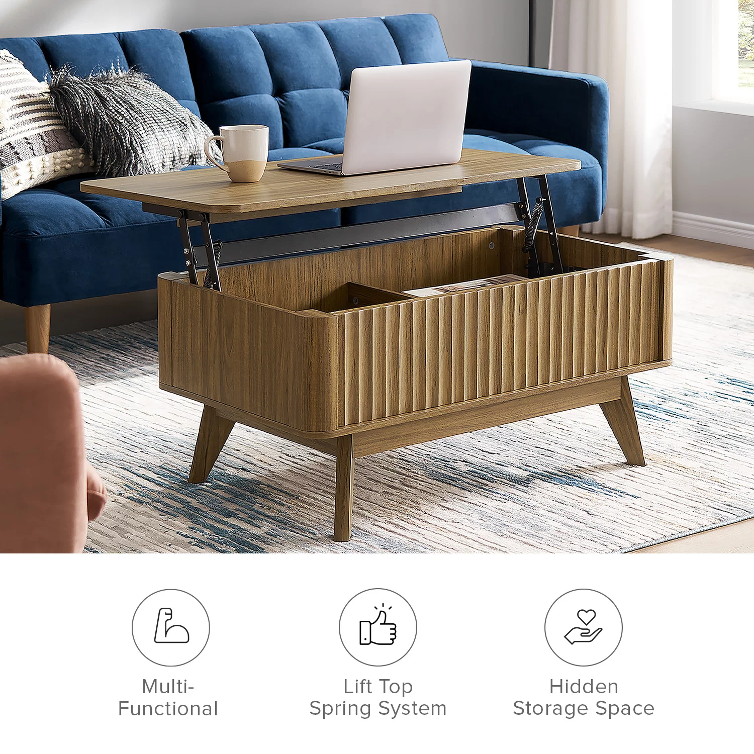 Mopio Brooklyn Mid-Century Modern Lift Top Coffee Table with Storage for Living Room, Waveform Panel (Walnut)
