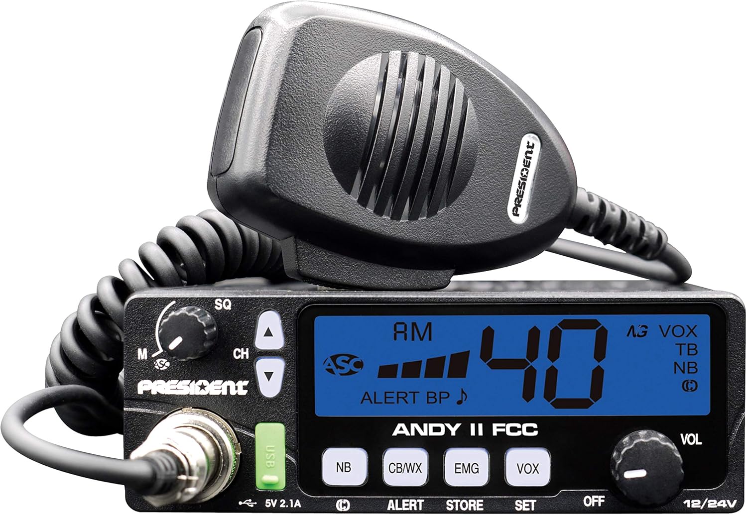 New President Andy II 12/24V FCC CB Radio with Weather Channel/Alert, Scan, USB Port, VOX and Much More!