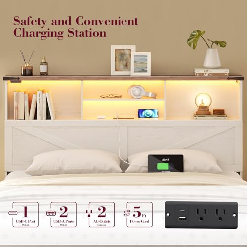 Twin Bed Frame with Bookshelf, Bookcase High Headboard with Charging Station and LED Light, Farmhouse Bed with Storage Drawers, No Box Spring Needed