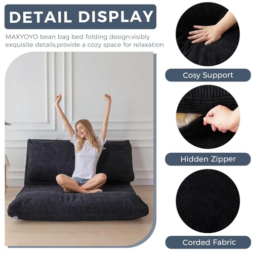 MAXYOYO Bean Bag Bed Folding Sofa Bed Floor Mattress for Adults, Extra Thick and Long Floor Sofa with Corded Washable Cover, Dark Grey, 30x95 Inch