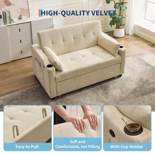 GarveeHome 3 in 1 Convertible Sleeper Sofa Bed, Corduroy Futon Couches with Pull-Out Bed, Adjustable Backrest, Charging Port & Side Pockets