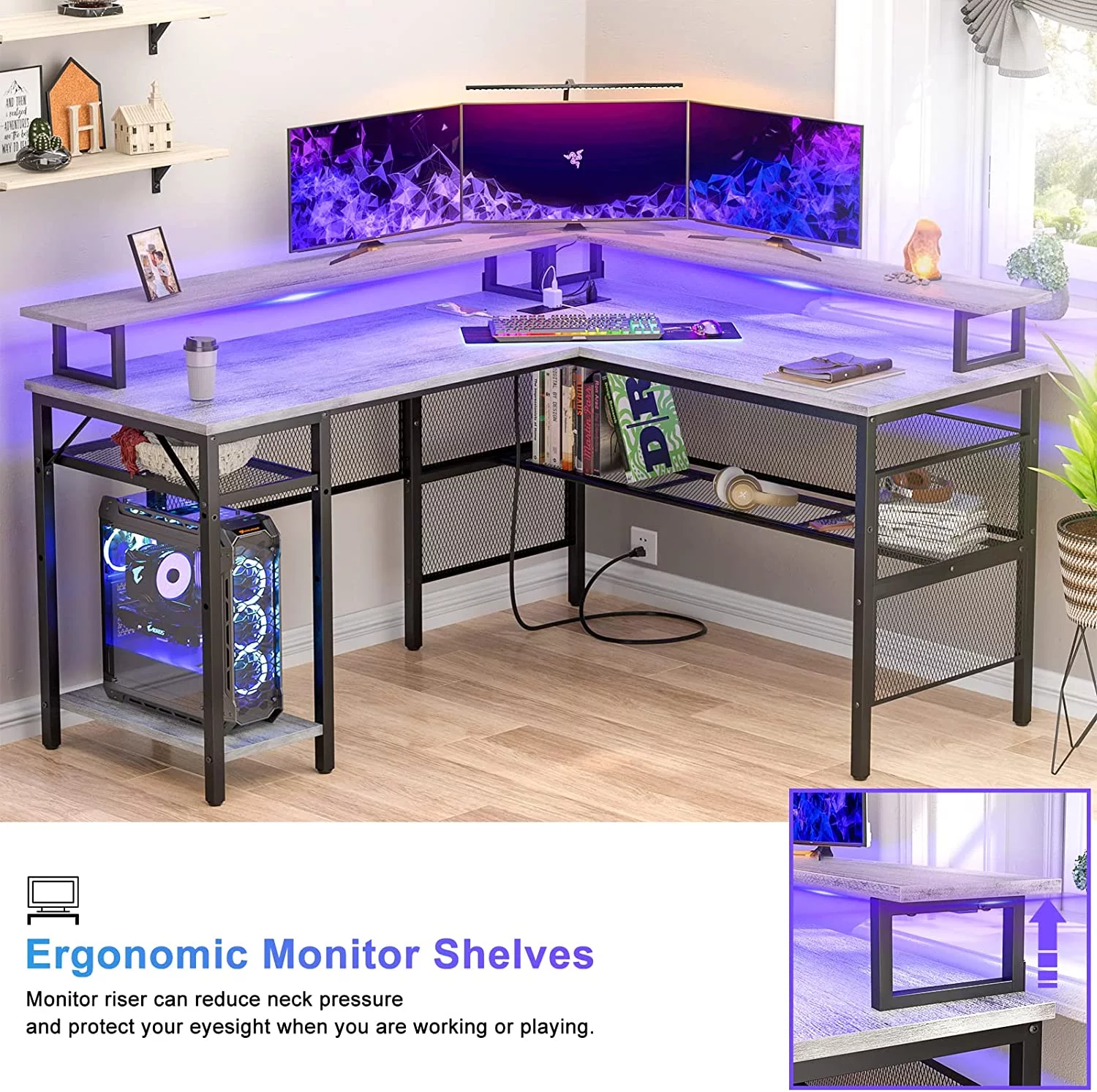 Homieasy L Shaped Desk with Power Outlets and LED Light, 55 inch Reversible L-Shaped Gaming Desk with Monitor Stand