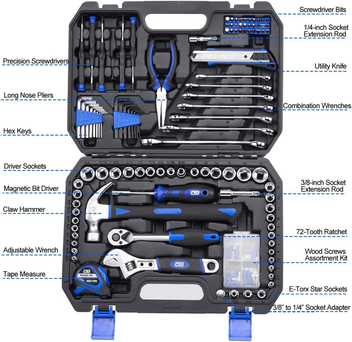 148-Piece Hand Tool Set, PROSTORMER Mixed Socket Wrench Household/Auto Repair Tool Kit with Toolbox Storage Case for Mechanical Repair, DIY