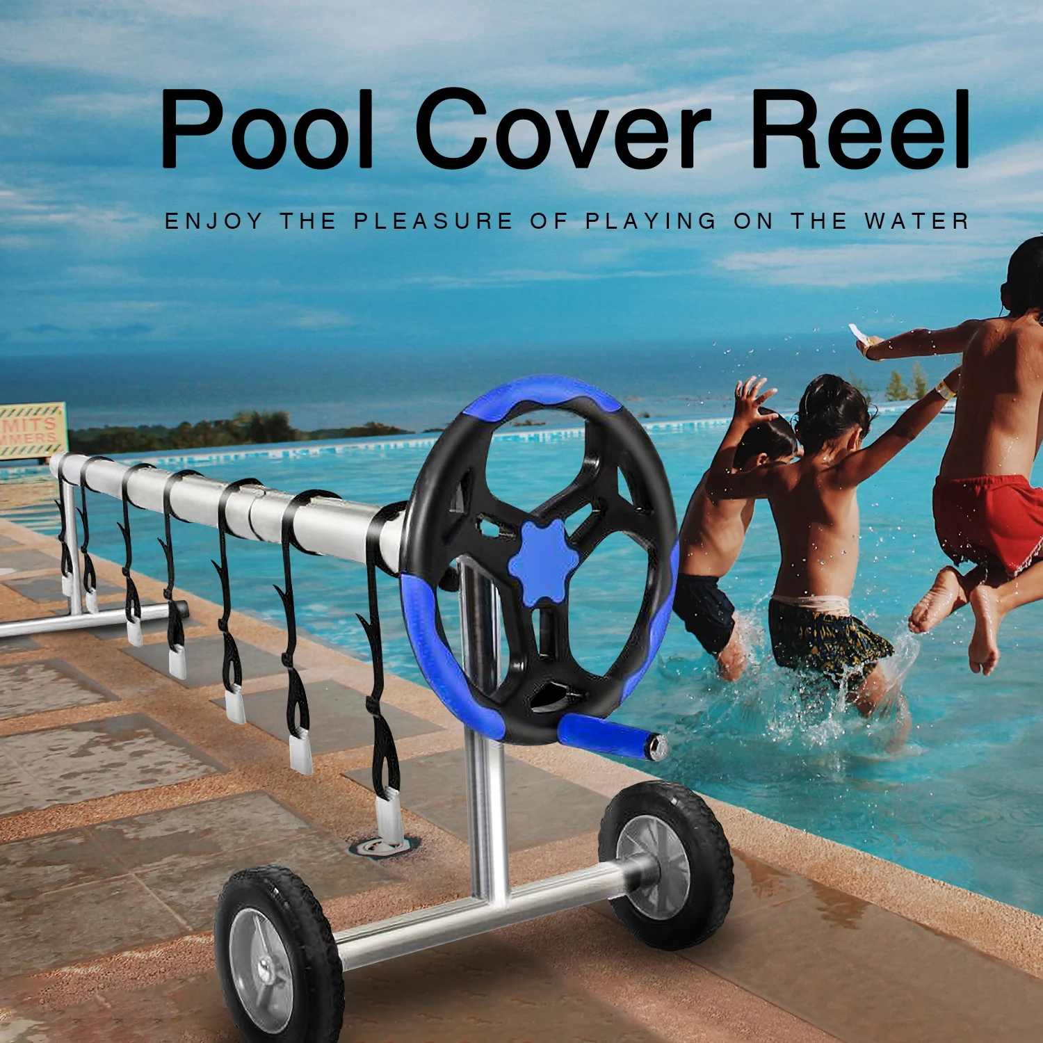 FULLWATT 20 Ft Pool Cover Reel Set Aluminum Inground Swimming Pool Solar Cover Blanket Reel Roller (Blue)