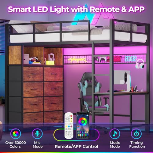 ADORNEVE Twin Size Loft Bed with Desk and 8 Storage Drawers, Metal Kids Loft Bed Twin with LED Lights & Charging Sation, Storage Shelves