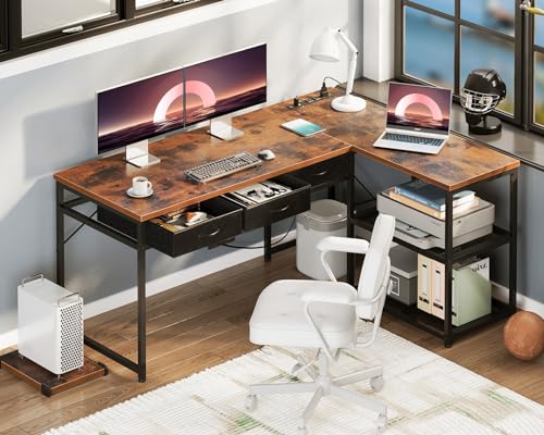 AODK 53 Inch L Shaped Computer Desk with Drawers, Corner Desk with Power Outlets & Reversible Storage Shelves