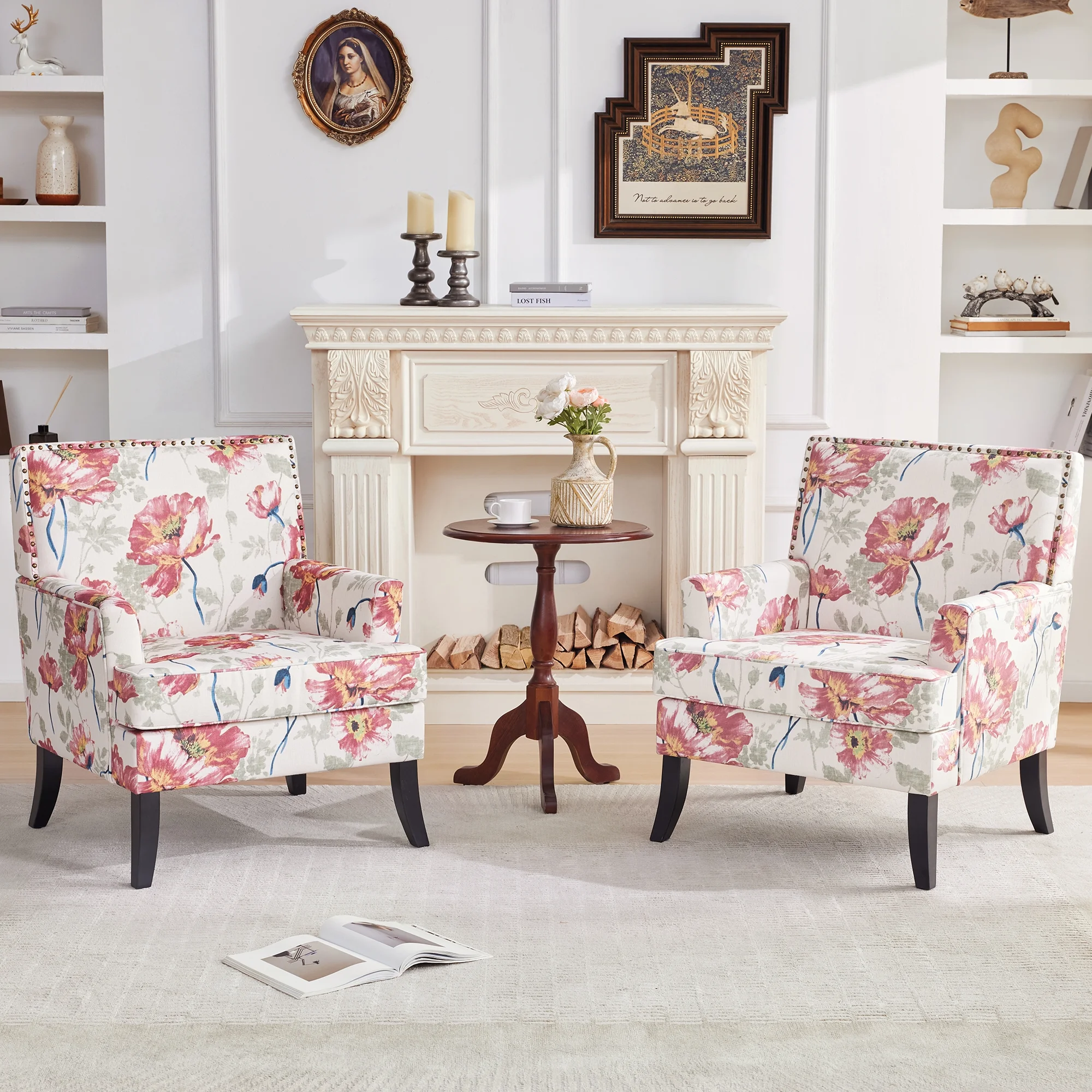 HUIMO Living Room Chair Set of 2, Upholstered Printed Accent Chair with Wooden Legs, Club Armchair with Rivets Holds 300 lbs