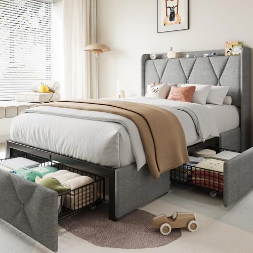 Queen Bed Frame with 4 Storage Drawers and Charging Station, Upholstered Platform Bed Frame with Storage Headboard, No Box Spring Needed