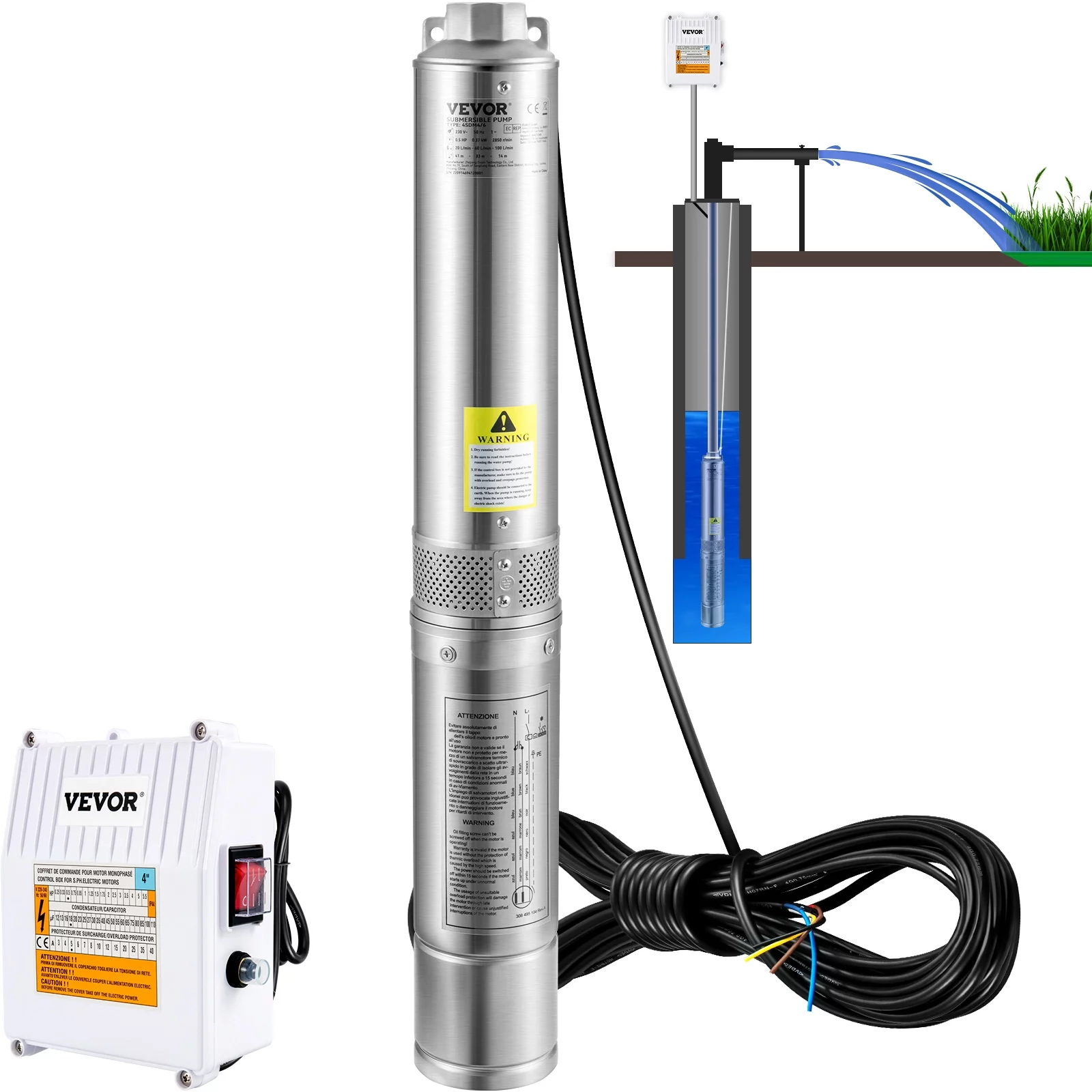 BENTISMDeep Well Submersible Pump, 2HP 230V/60Hz, 37GPM 427 ft Head, with 33 ft Cord & External Control Box