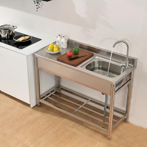 Stainless Steel Utility Sink Freestanding Kitchen Sink with Faucet Single Bowl 16 Gauge Outdoor Workbench with Knife Hole for Restaurant or Laundry