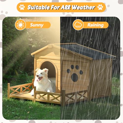 Outdoor Wooden Dog House,Waterproof Kennel with Deck and Sloped Roof,High Stability Pet Dog Cage for Small/Medium Puppy