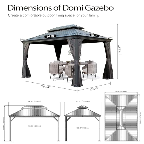 Domi 10’ x 10’ Hardtop Gazebo Metal Frame Canopy with Netting & Curtains