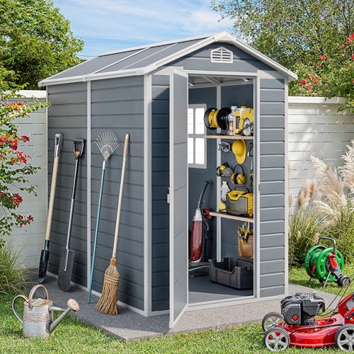 Gizoon 6x4 FT Outdoor Storage Shed with Floor, Resin Garden Tool Shed with Lockable Doors, Window, Vents, Reinforced Steel Frame