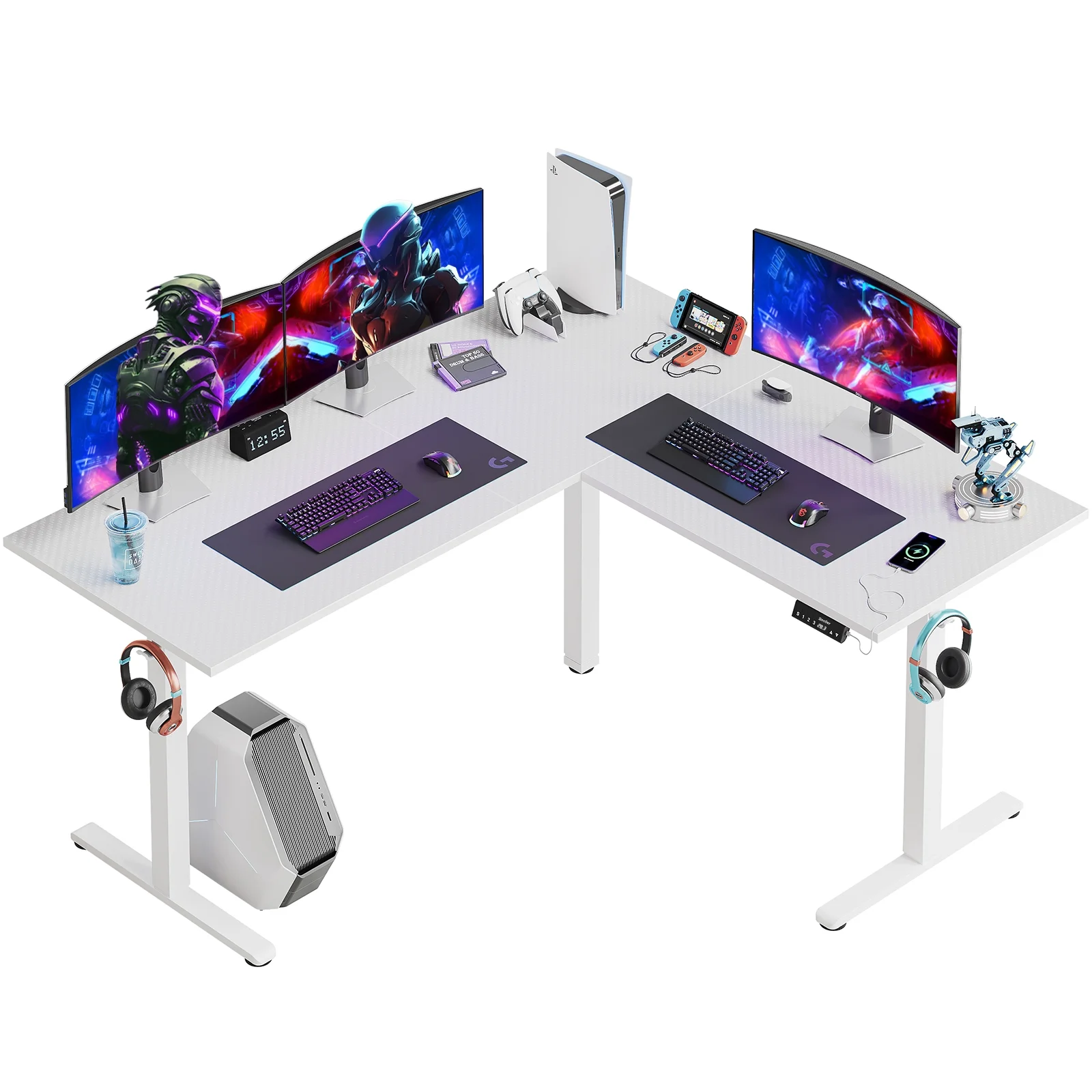 Bestier L-Shaped Standing Desk 63" x 55.1" Electric Stand Up Height Adjustable Home Office Table Computer Workstation in Carbon Fiber White