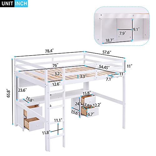 Full Size Loft Bed with L-Shaped Desk, Wardrobe and Storage Shelves, Solid Wood Bedframe w/Safety Guardrails & Ladder for Kids Teens Adults