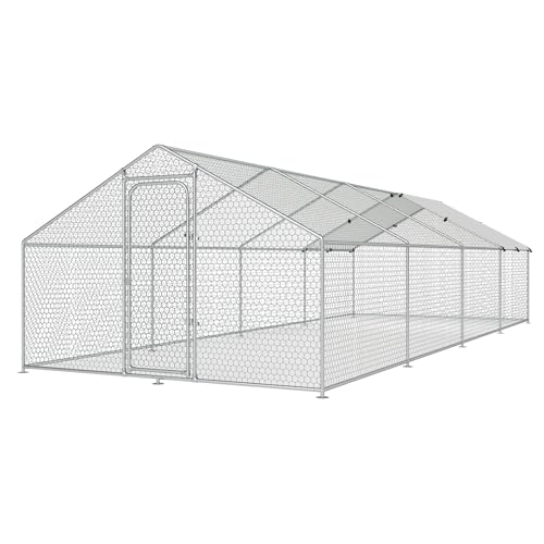 Large Metal Chicken Coop Walk-in Poultry Cage Chicken Run Pen Dog Kennel with Waterproof and Anti-Ultraviolet Cover for Outdoor Farm Use(9.8' L x