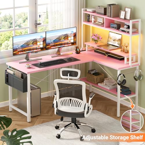 Aheaplus L Shaped Gaming Desk with Power Outlets & LED Lights, Small L- Shaped Desk Computer Corner Desk with Monitor Stand & Storage Shelf