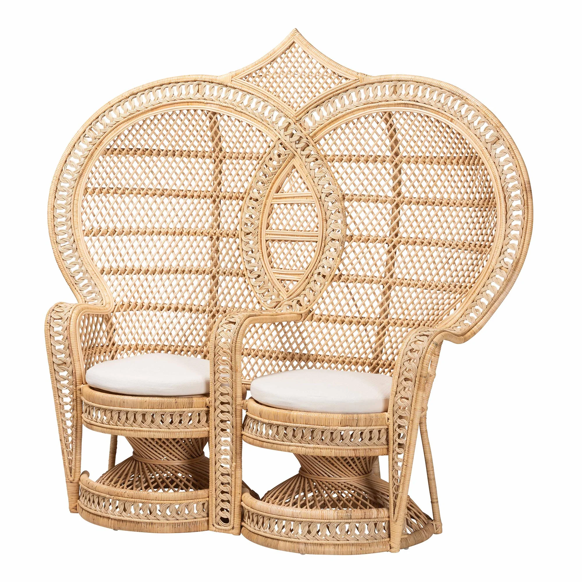 bali & pari Nerita Rattan BOHO Two-Seater Peacock Chair, Natural Brown