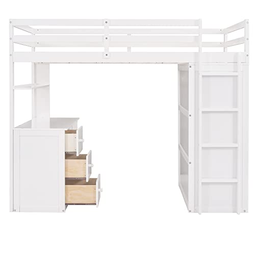 Harper & Bright Designs Full Size Loft Bed with Desk and Wardrobe, Solid Wood Loft Bed Frame with Storage Drawers, for Kids Teens Adults (White)