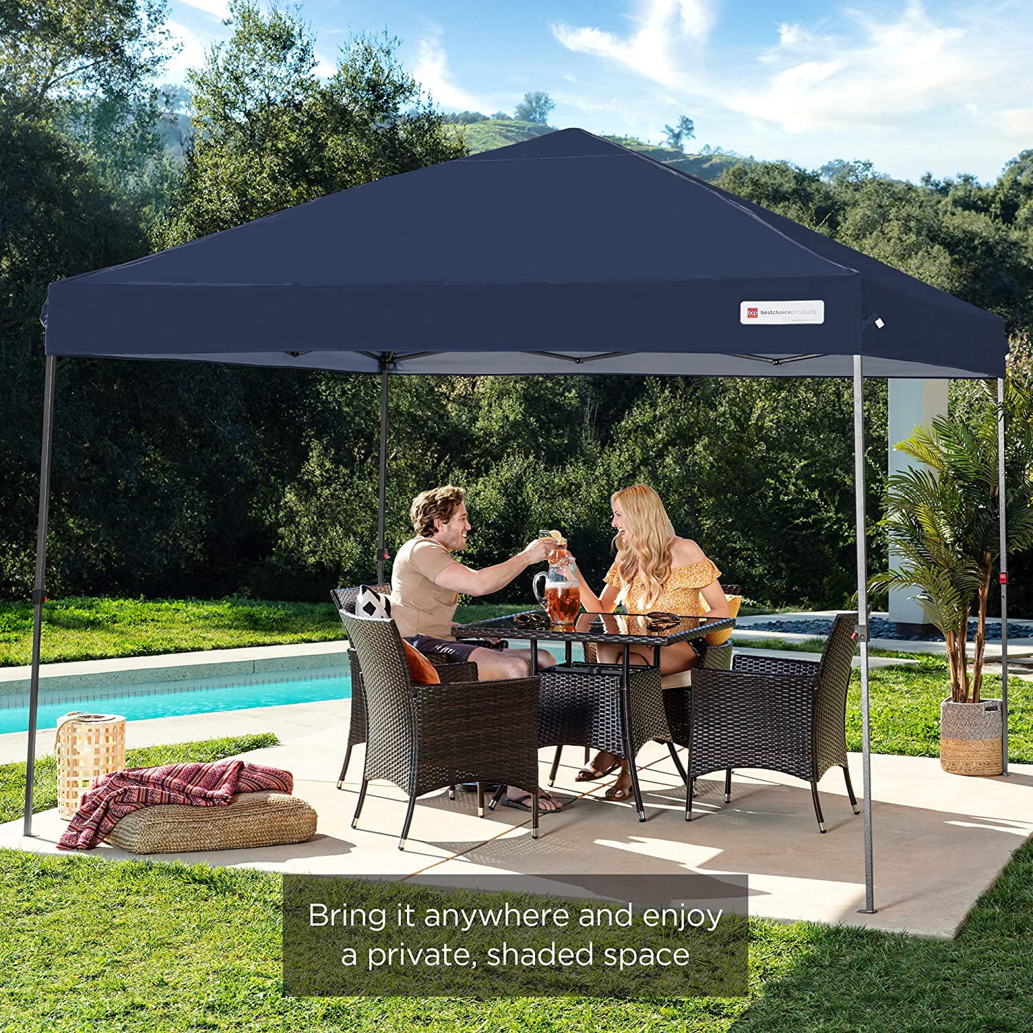 10x10ft 1-Person Setup Pop Up Canopy Tent Instant Portable Shelter w/ 1-Button Push, Straight Legs, Wheeled Carry Case, Stakes - Blue