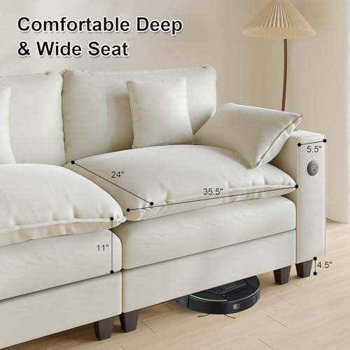 Modular Sectional Sofa, Cloud Couch with Ottoman, Charging Station, Throw Pillows, Cup Holders, Modern Convertible U Shaped Couches for Living Room