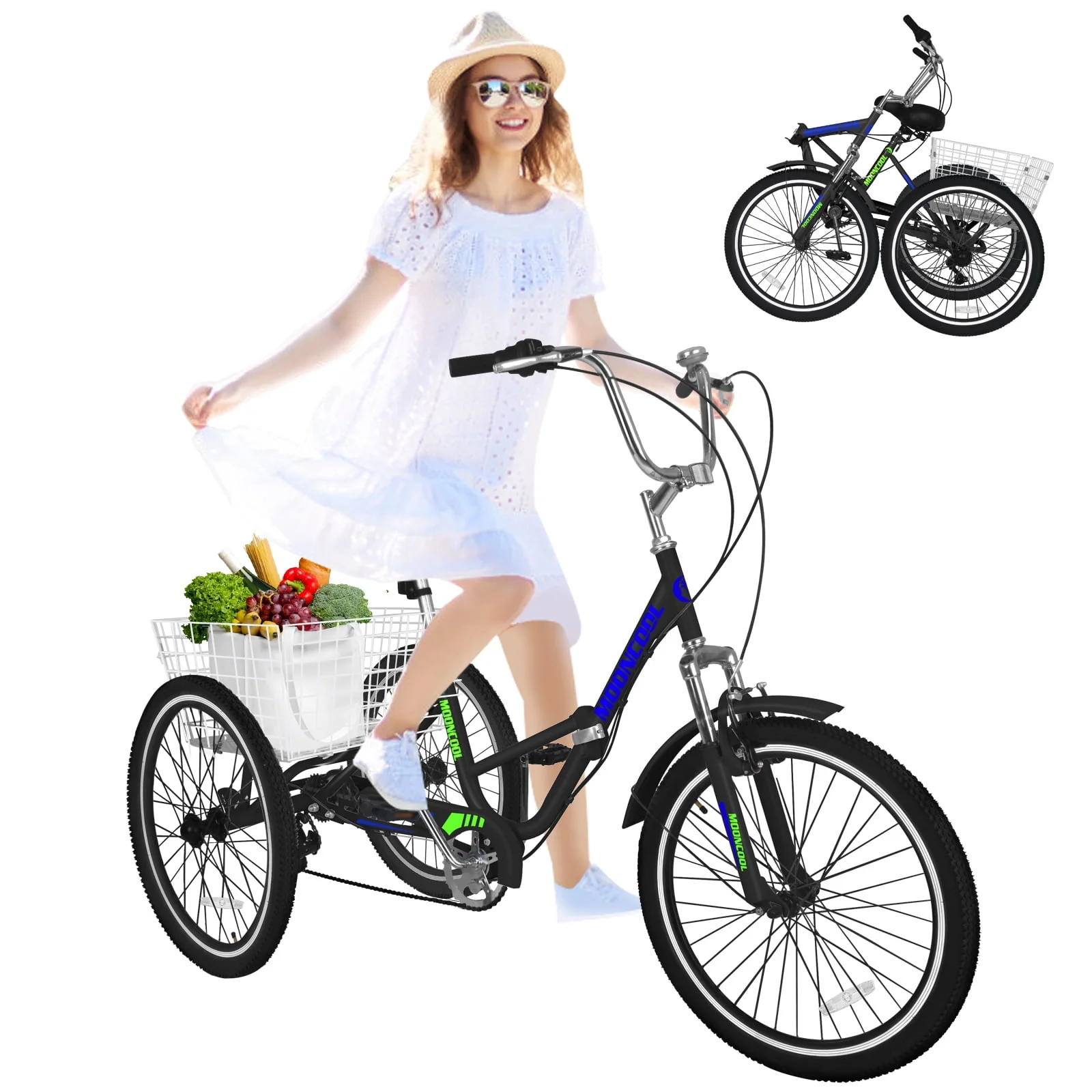 MOONCOOL Adult Folding Tricycle for Adults, 7 Speed 20/24/26 inch 3 Wheels Bikes with Basket, Foldable Tricycle for Adults, Women, Men, Seniors