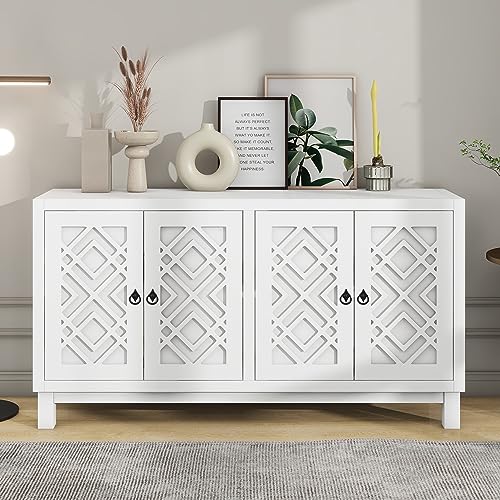 P PURLOVE Sideboard Storage Cabinet, 4 Door Buffet Cabinet with Pull Ring Handles