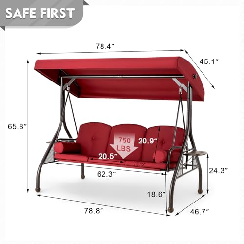 HOMREST 3 Seat Outdoor Porch Swing with Adjustable Canopy, Convertible Patio Swing Bed with Stand, Patio Glider Swing with Upgraded Cup Holder