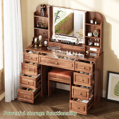 43" Makeup Vanity Desk with Mirror and Lights, & Power Outl, Glass Top Big Vanity Table with 9 Drawers& 8 Storage Shelves