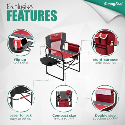 SUNNYFEEL Oversized Camping Directors Chair 2 Pack, Portable Folding Lawn Chairs for Adults Heavy Duty with Side Table,Pocket for Beach, Fishing