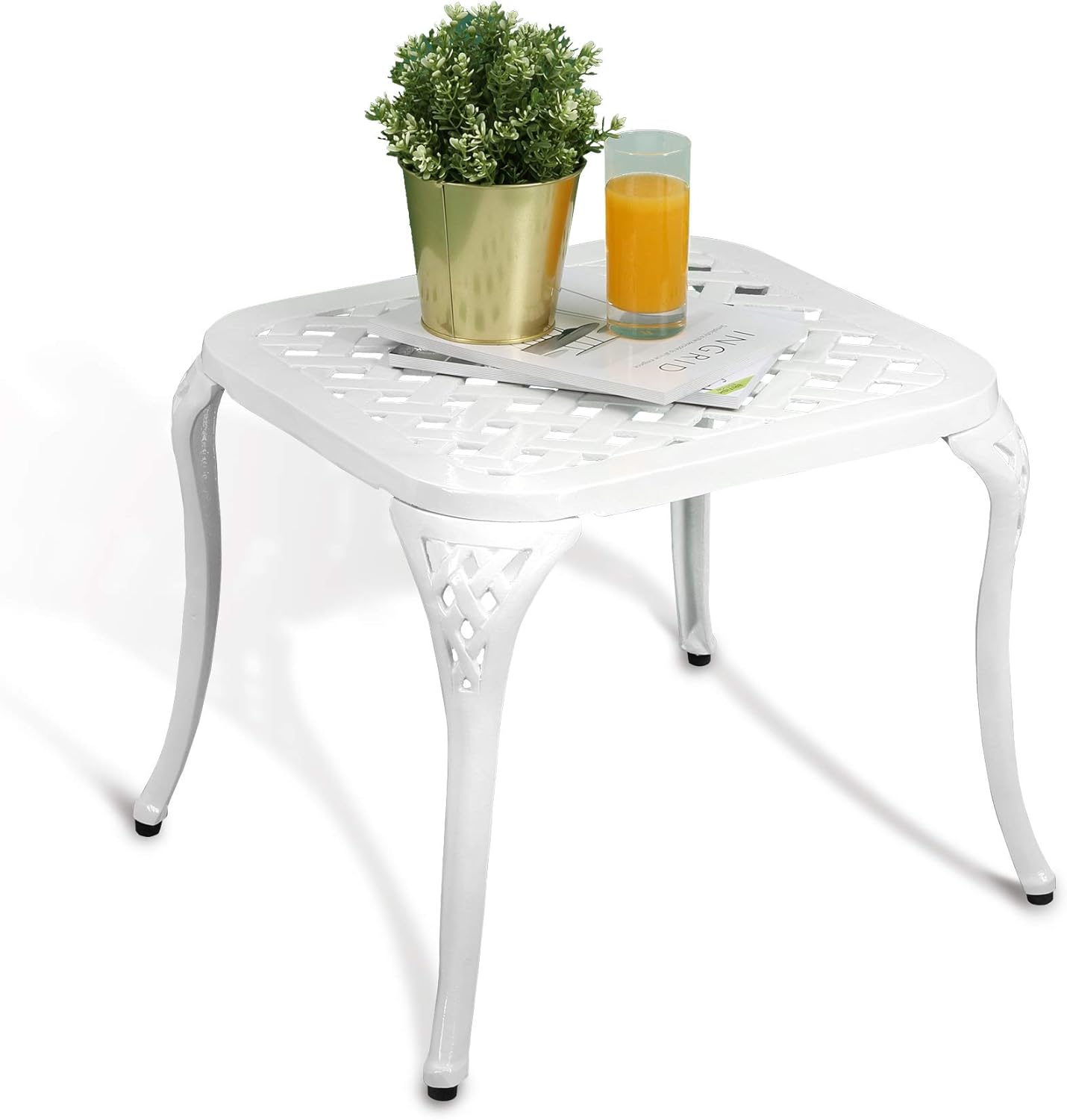 Patio End Table, Outdoor Side Table Square Cast Aluminum Metal Furniture by HOMEFUN - White
