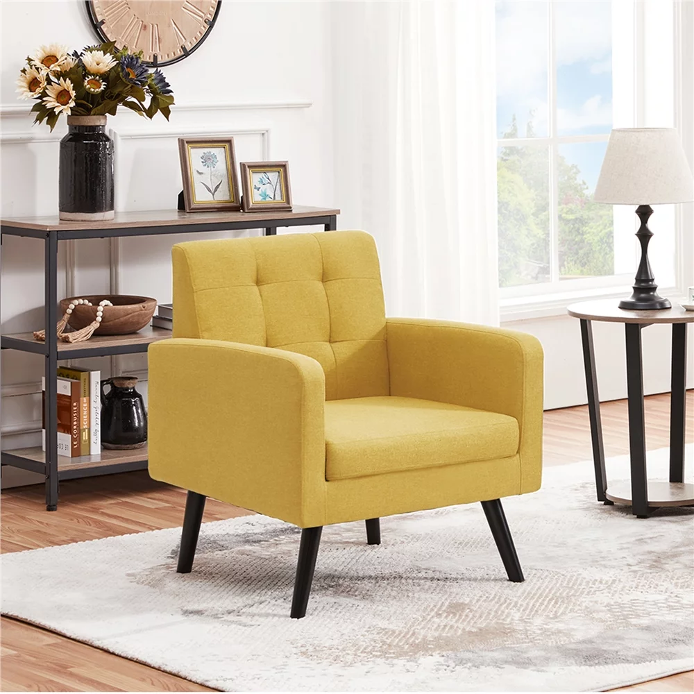 Yaheetech 2pcs Mid Century Fabric Arm Chair Tufted Accent Chair with Wooden Leg, Yellow