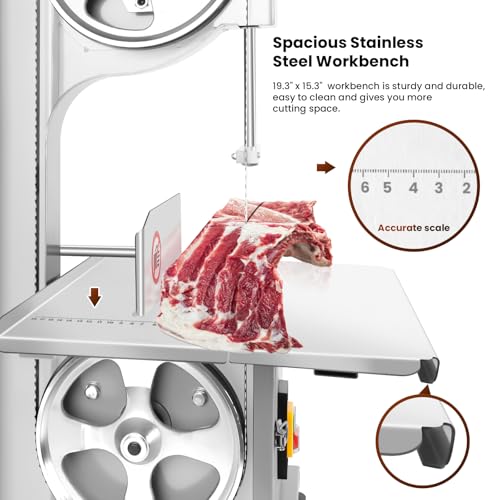 Bone Saw Meat Cutter 1200W Cutter Meat Saw 0.04''-7.8'' Cutting Thickness 20'' x 15'' Table Stainless Steel Meat Band Saws for Butchering 330-500