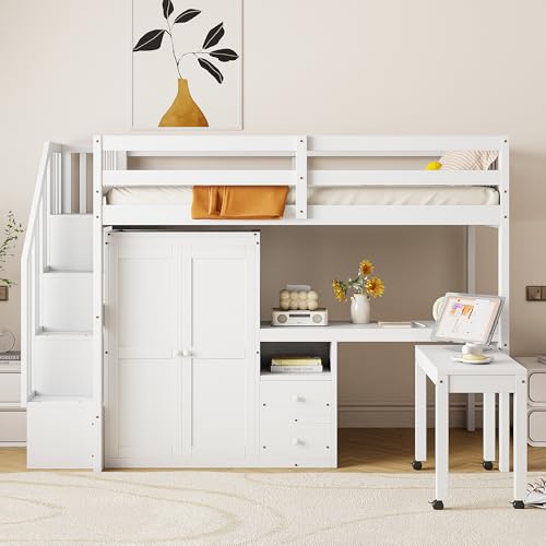Harper & Bright Designs Twin Size Loft Bed with Stairs and Bookshelf, Wood Twin Storage Bed with Desk & Wardrobe
