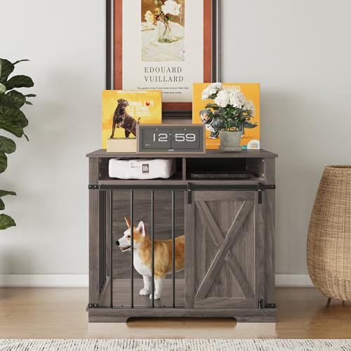 Aoowow Large Double Dog Crate Furniture 72.4" Indoor Dog Kennel with Sliding Barn Door and Divider