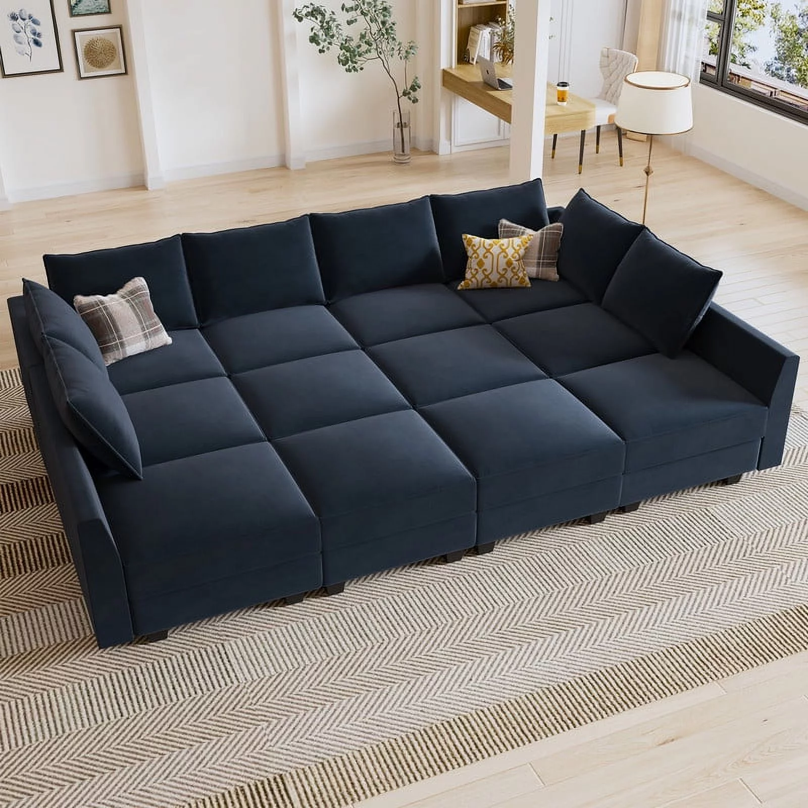HONBAY Contemporary Sectional Sofa Couch Convertible Sofa Bed with Storage for Living Room, Dark Blue