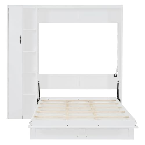 Queen Size Murphy Bed Wall Bed with Desk and Closet,Drawers and Shelves,for Small Spaces Studio Study Office Guest Room Use (Gray#Desk, Queen)